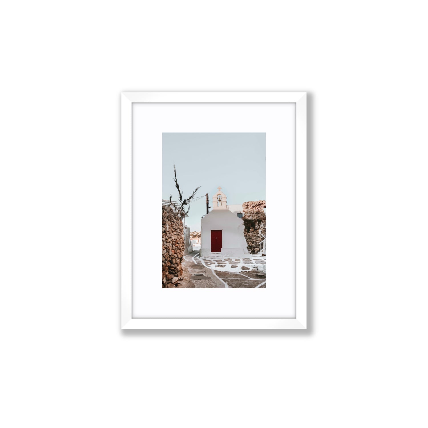 Little Chapel Mykonos Greek island wall art Small fine art print in white frame with matboard