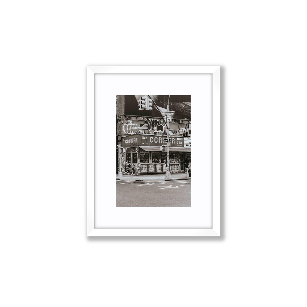 Soho Deli New York NYC Black & White wall art Small fine art print in white frame with matboard