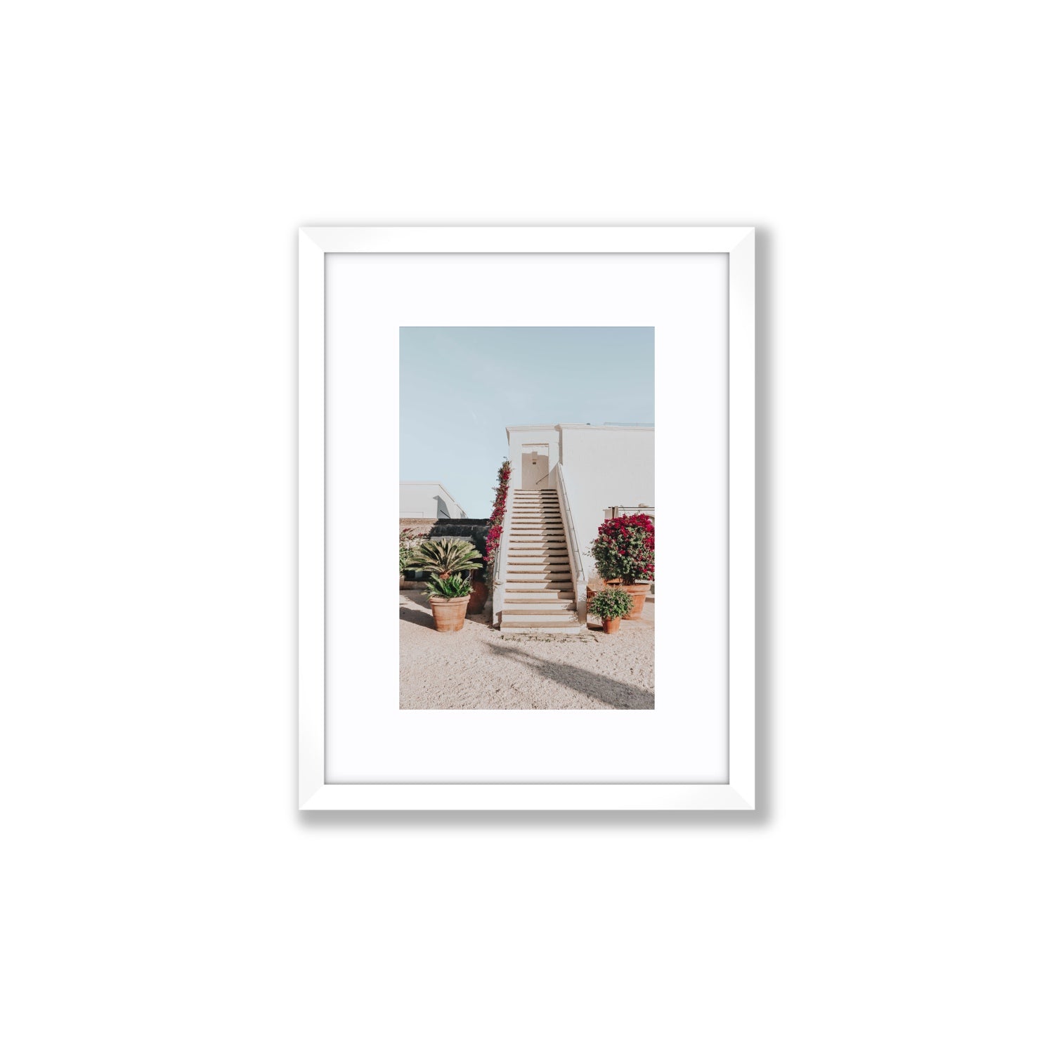 Tranquil Ascent Puglia Italian wall art Small fine art print in white frame with matboard