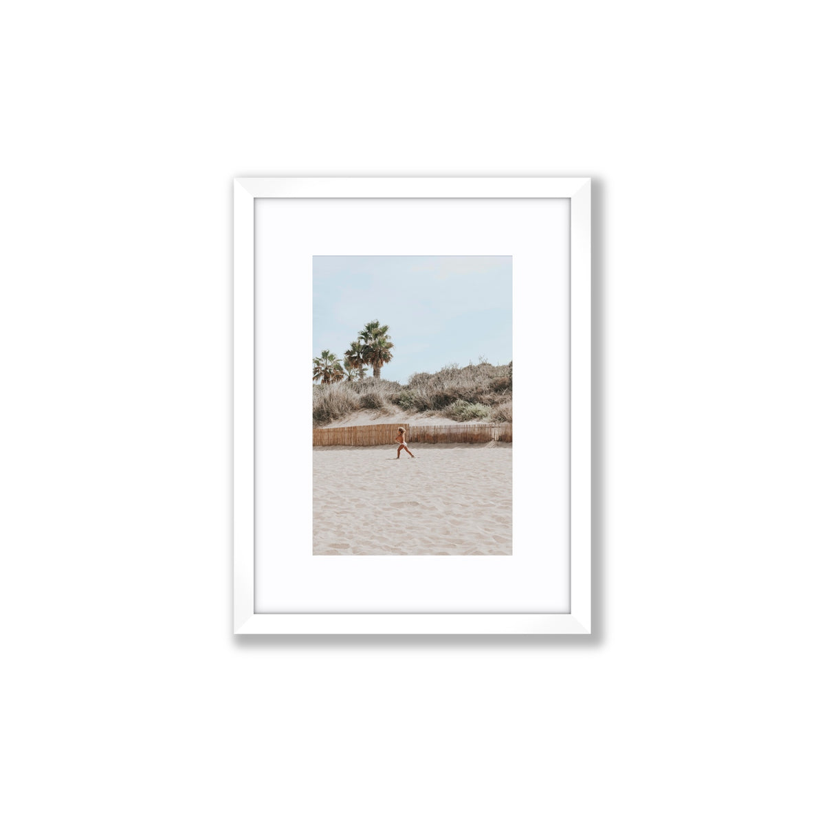 Joyful Sprint Puglia beach coastal fine art print Small fine art print in white frame with matboard