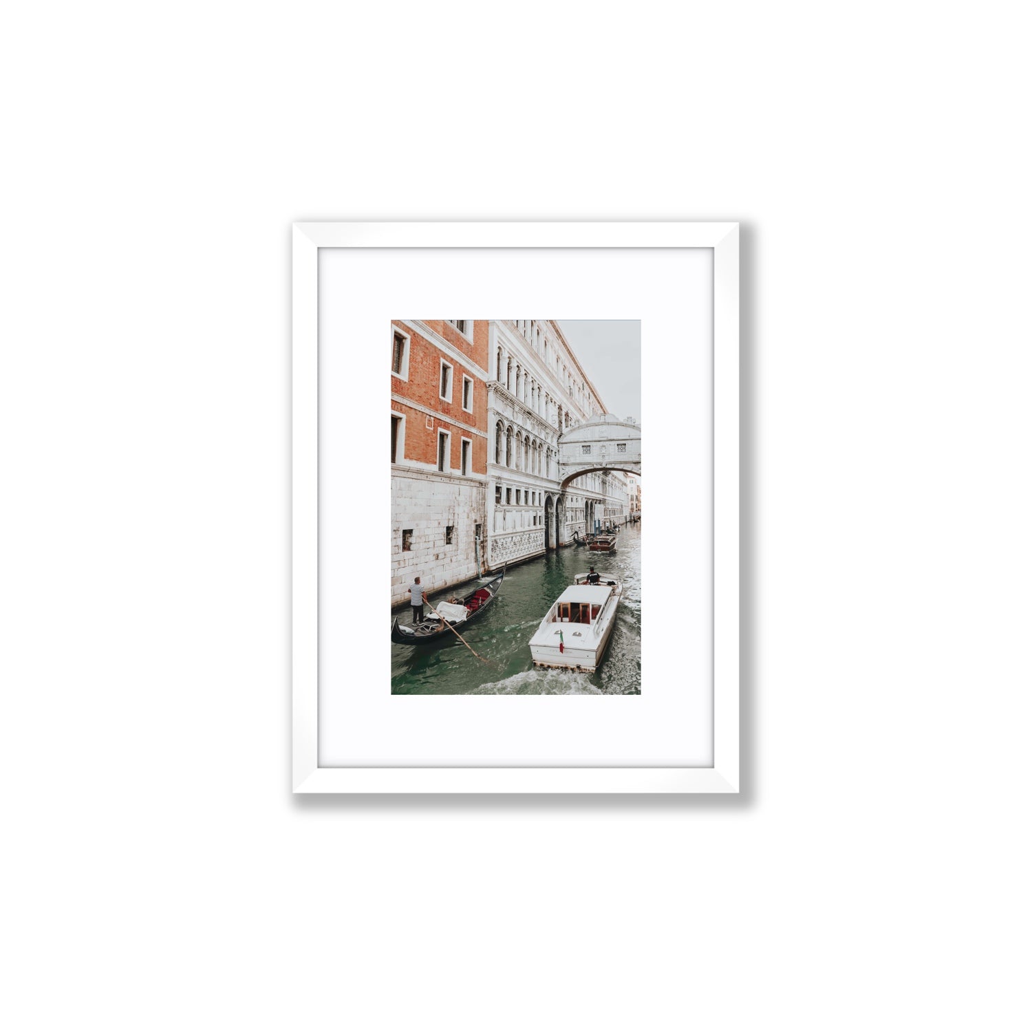 Under the Bridge Venice Gondola Italian wall art Small fine art print in white frame with matboard