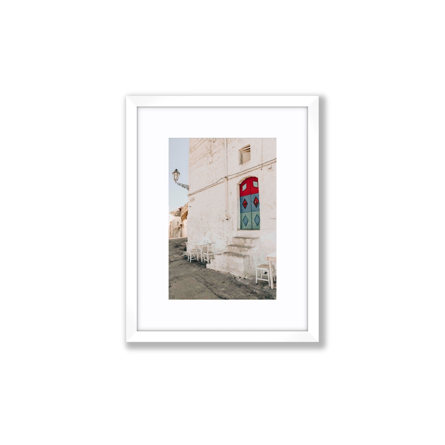 Doorway Delight Puglia Ostuni wall art Small fine art print in white frame with matboard