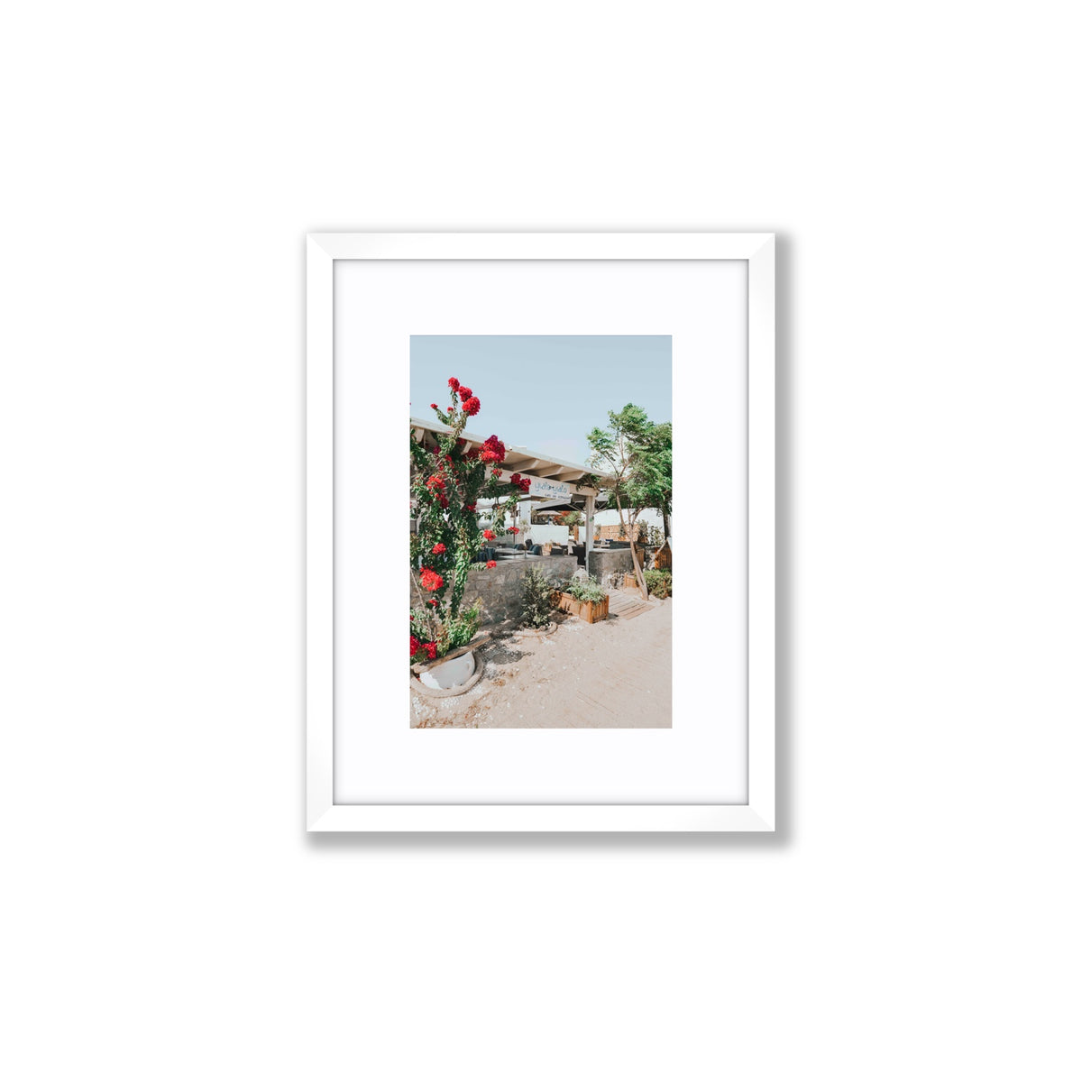 Yialo Yialo Mykonos Greek island coastal wall art Small fine art print in white frame with matboard