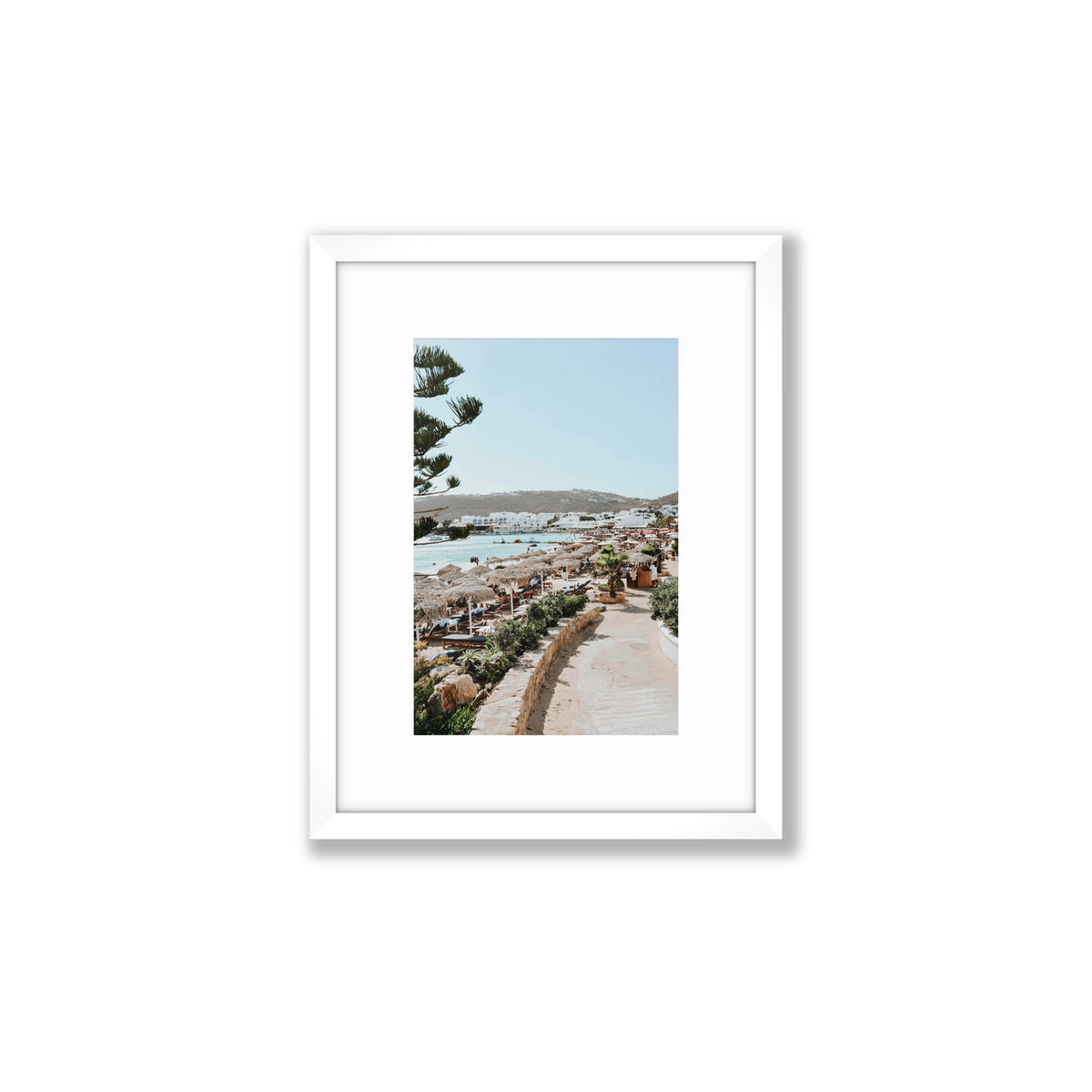 All Roads Lead To The Beach Mykonos Greek island wall art Small fine art print in white frame with matboard