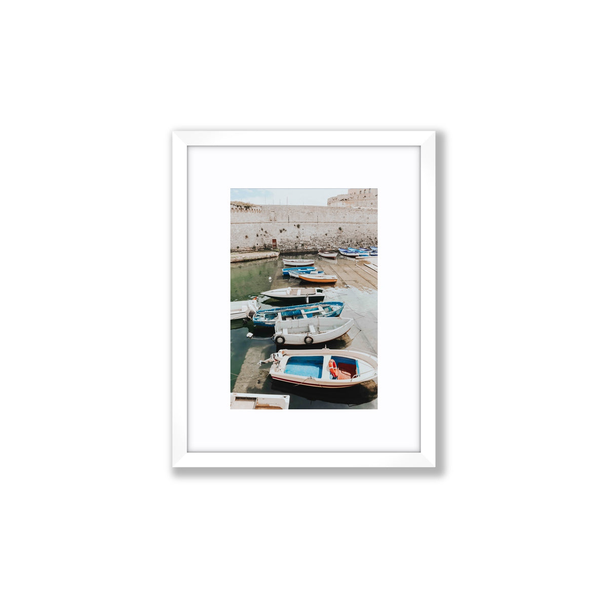 Harbour Palette Puglia coastal photography wall art Small fine art print in white frame with matboard