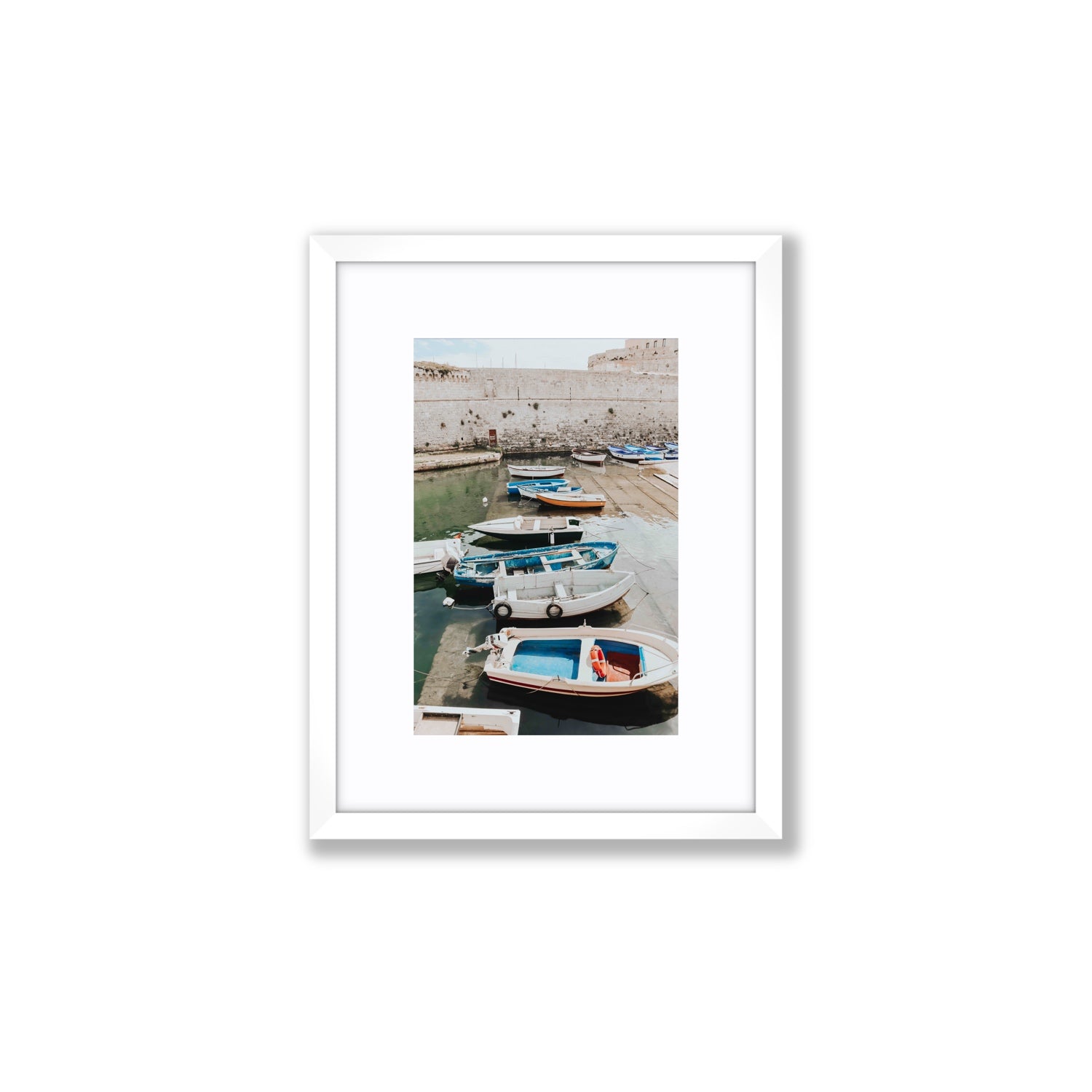 Harbour Palette Puglia coastal photography wall art Small fine art print in white frame with matboard