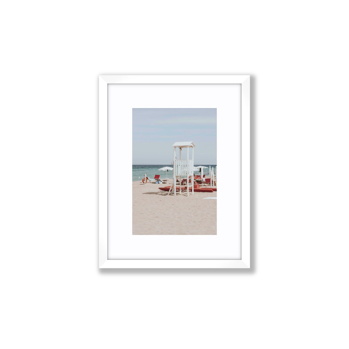 Barefoot Bliss Puglia beach Italian coastal decor wall art Small fine art print in white frame with matboard