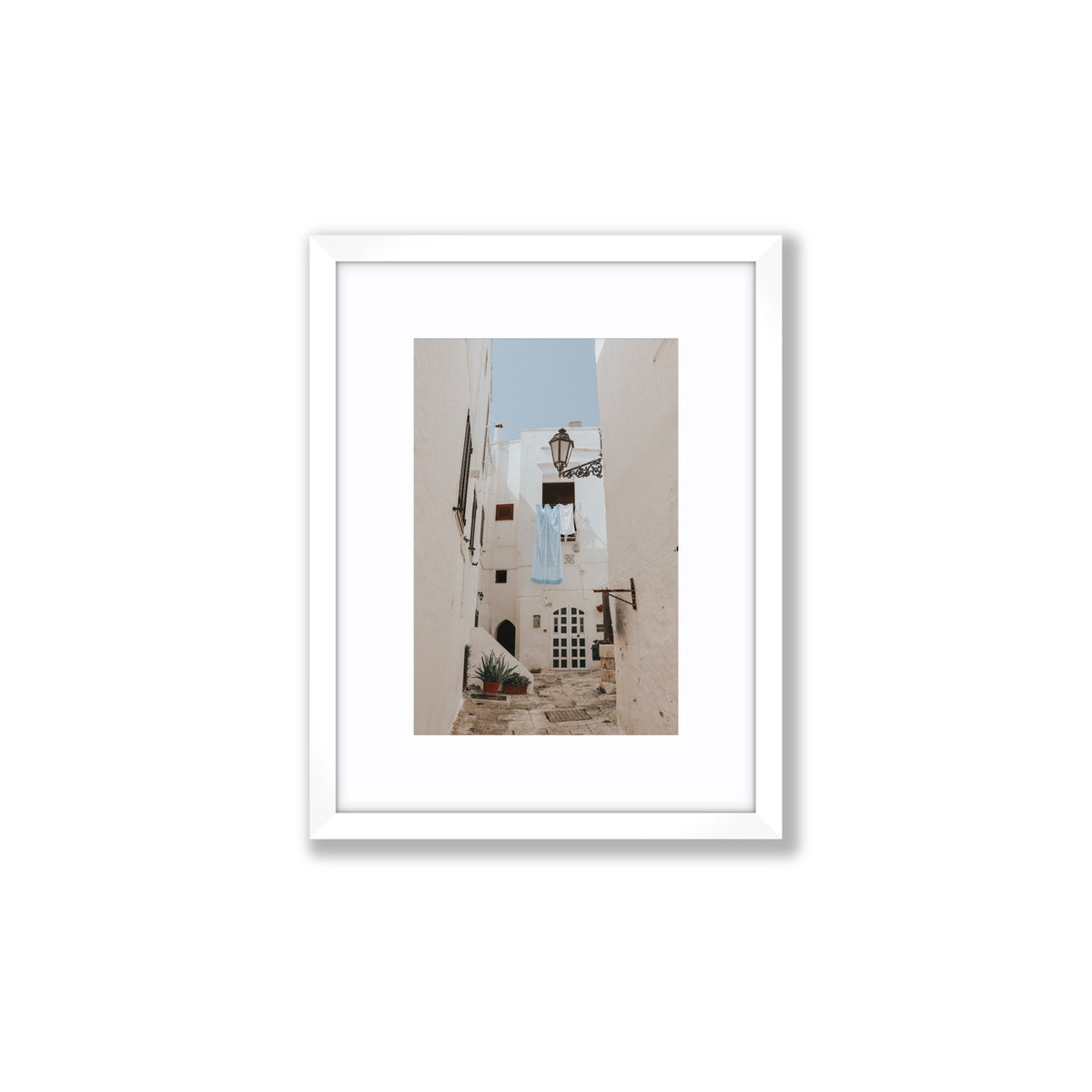 Laundry Day Puglia Ostuni Italian wall art Small fine art print in white frame with matboard