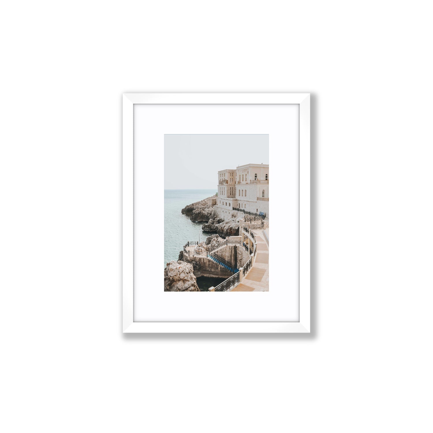 Santa Cesarea Puglia Italian coastal wall art Small fine art print in white frame with matboard