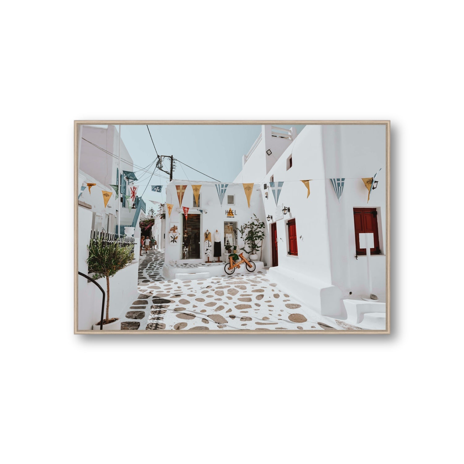 Cruising The Streets Mykonos Greek island wall art Giant fine art canvas in natural oak float frame