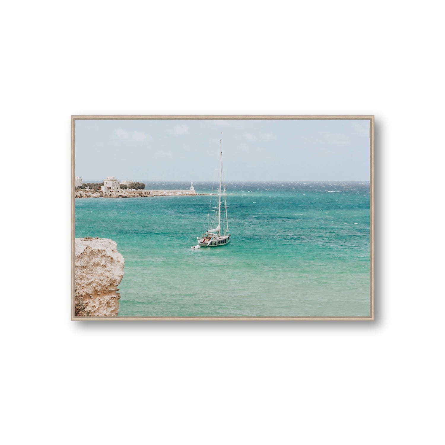 Adriatic Escape Puglia Italian coastal decor wall art Giant fine art canvas in natural oak float frame