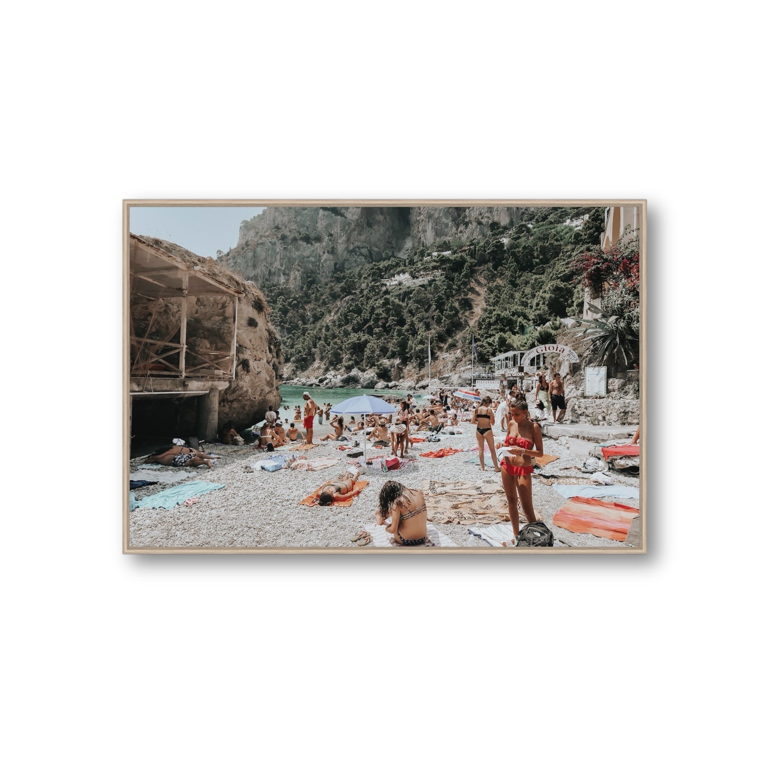 Spiaggia Da Gioia Capri beach coastal wall art Giant fine art canvas in natural oak float frame
