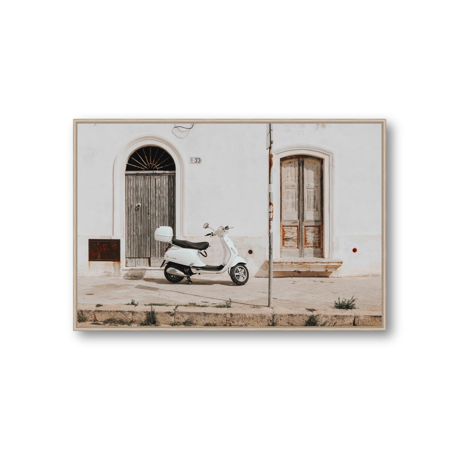 Vespa Nostalgia Puglia Italian wall art Giant fine art canvas in natural oak float frame