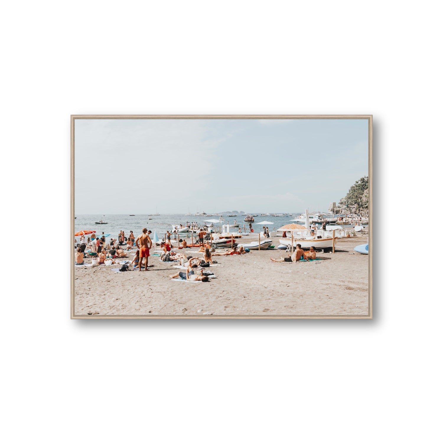 Beachy Vibes fine art print, Positano, Italy, Giant, Natural Oak Float Frame, Fine Art Canvas