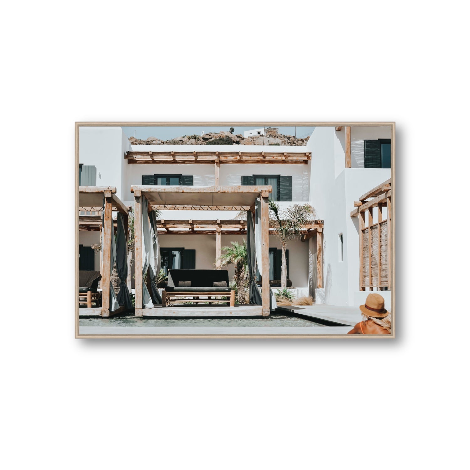 Dream Villa fine art print, Mykonos, Greece, Giant, Natural Oak Float Frame, Fine Art Canvas