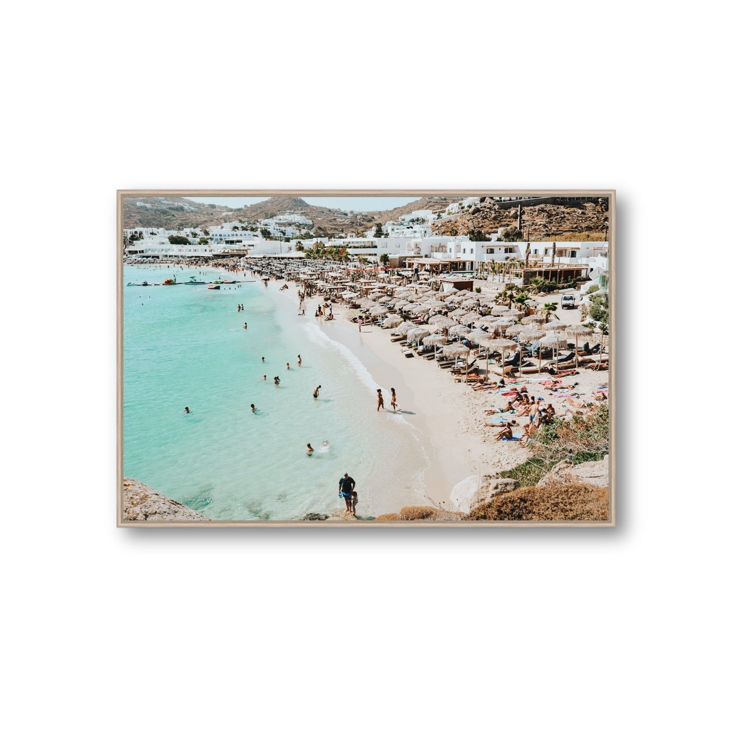 Aquaholic Mykonos Greek island wall art Giant fine art canvas in natural oak float frame
