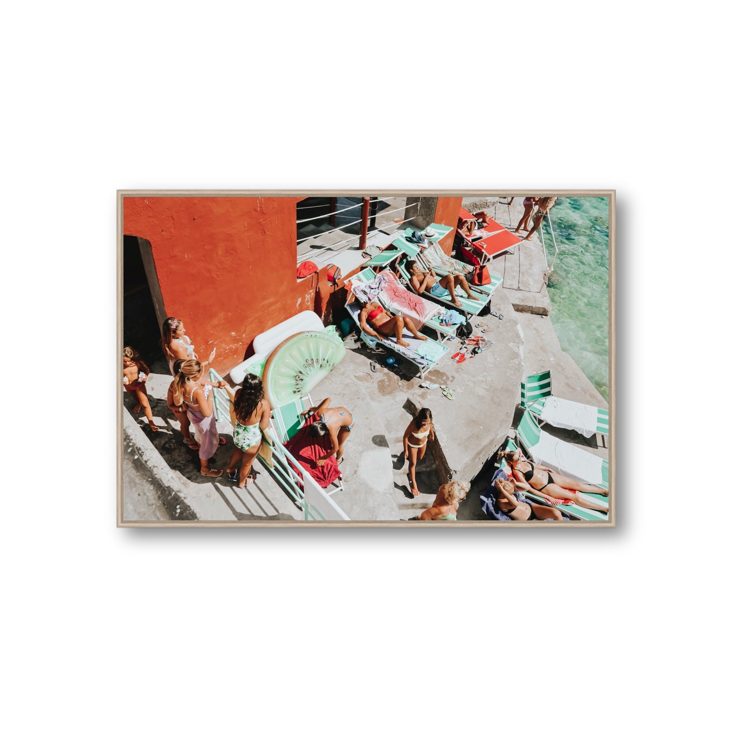 Italianita Capri beach Mediterranean wall art Giant fine art canvas in natural oak float frame