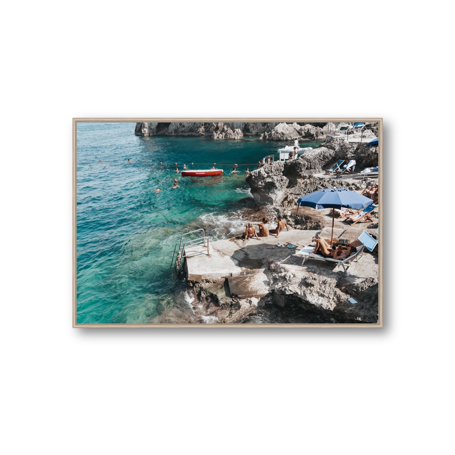 Serenity By The Sea Capri Mediterranean wall art Giant fine art canvas in natural oak float frame