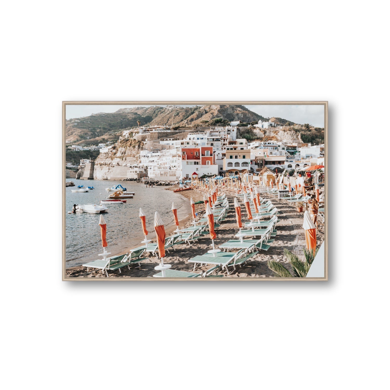 Sole Estivo Ischia Italian coastal wall art Giant fine art canvas in natural oak float frame