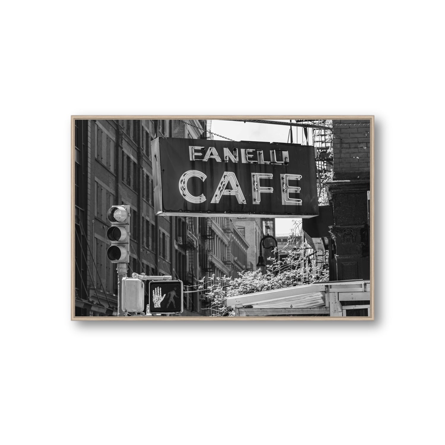 Soho Neon New York NYC Black & White wall art Giant fine art canvas in natural oak float frame