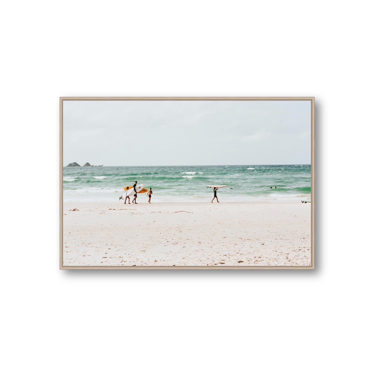 La Famiglia Byron Bay Family Surf coastal wall art Giant fine art canvas in natural oak float frame