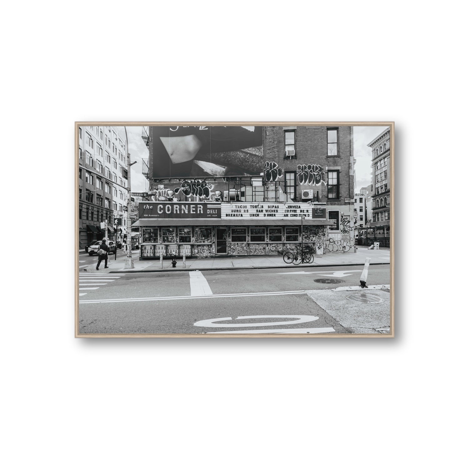 Kenmare Street New York NYC Black & White wall art Giant fine art canvas in natural oak float frame