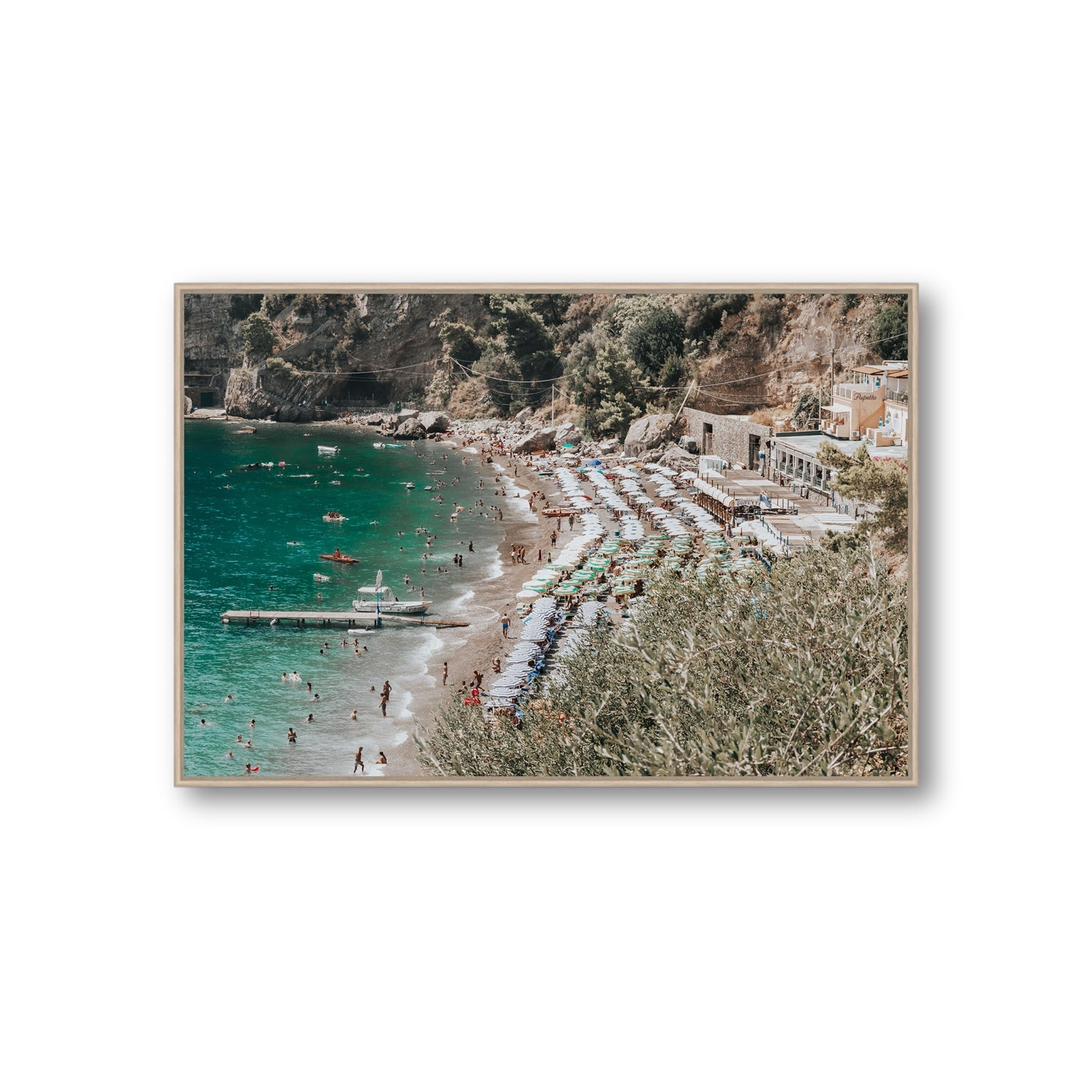 Fornillo Beach fine art print, Positano, Italy, Giant, Natural Oak Float Frame, Fine Art Canvas