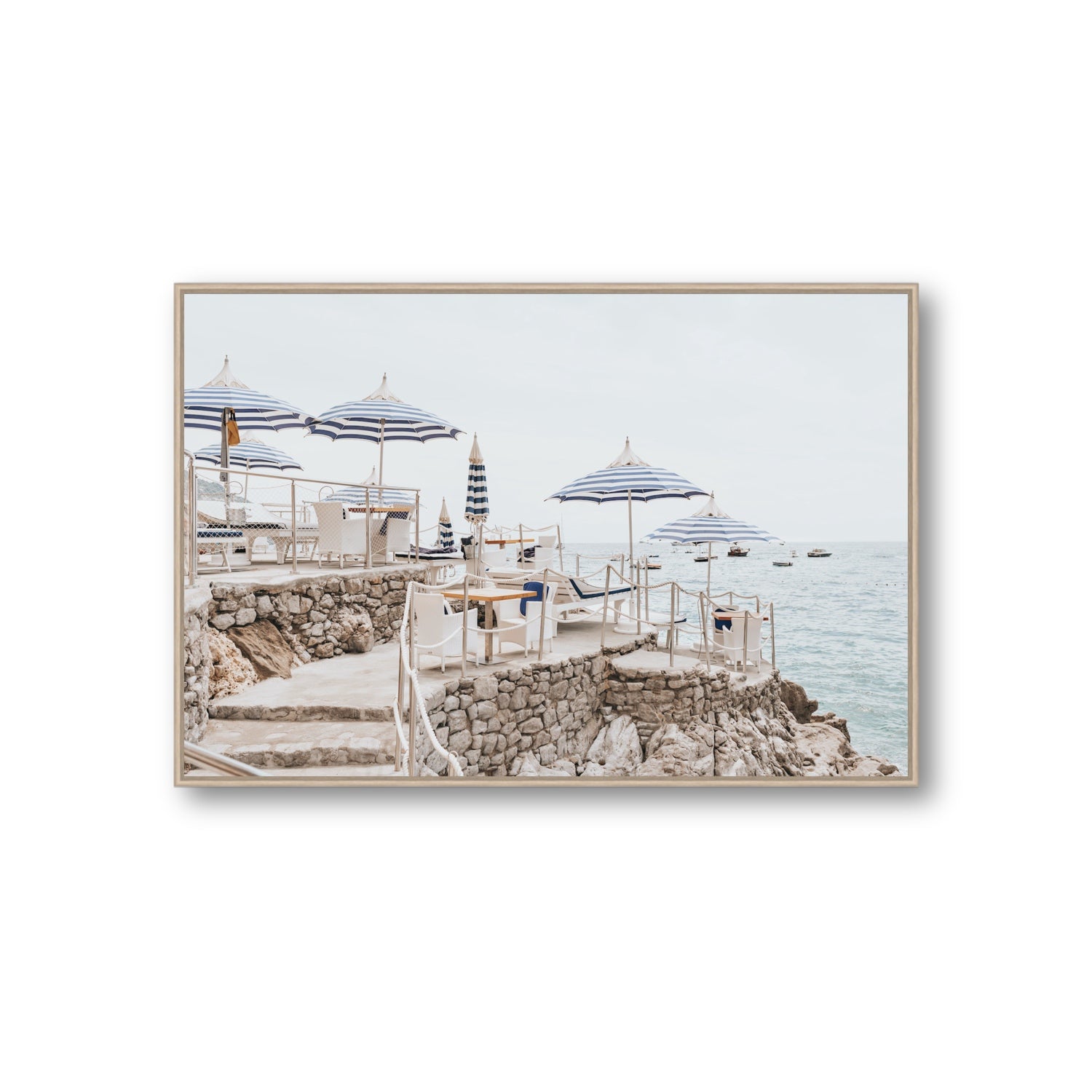 Ombrelloni fine art print, Positano, Italy, Giant, Natural Oak Float Frame, Fine Art Canvas