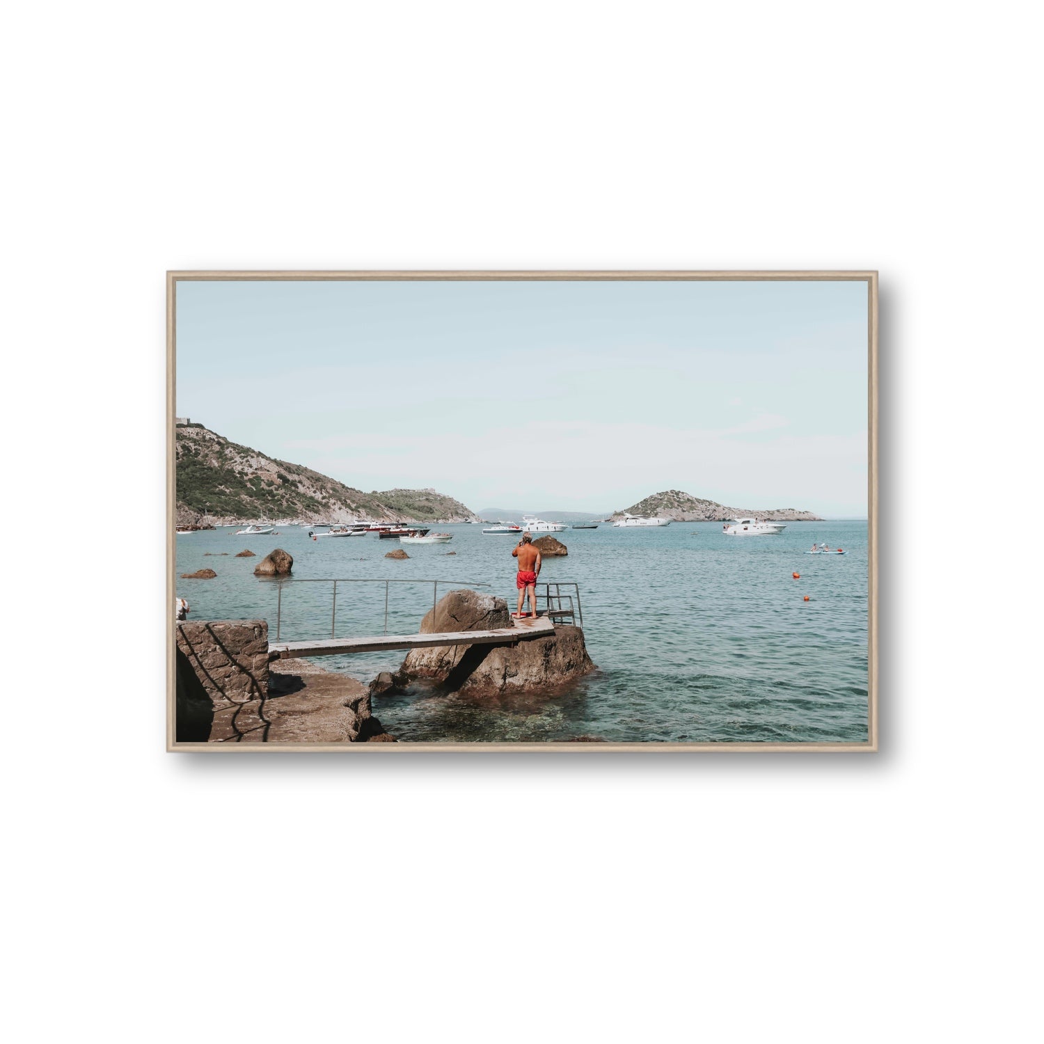 Out Of Office Tuscany coastal Italian wall art Giant fine art canvas in natural oak float frame