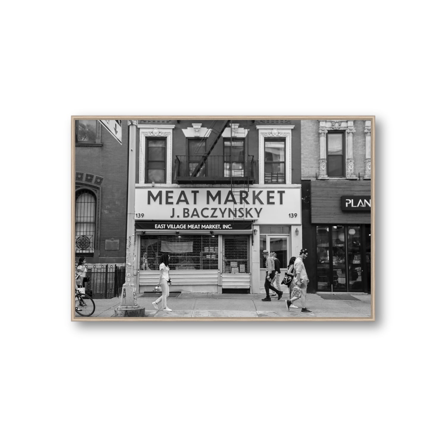 Meat District New York NYC Black & White wall art Giant fine art canvas in natural oak float frame