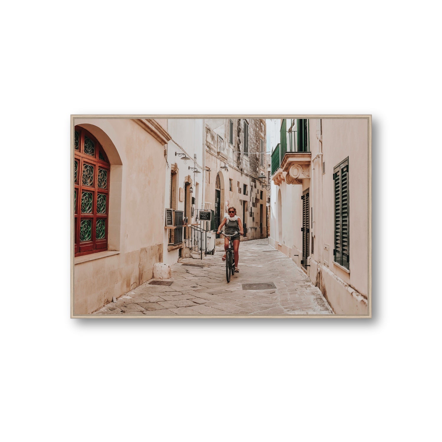 La Donna In Bicicletta Puglia Wall Italian fine art print Giant fine art canvas in natural oak float frame