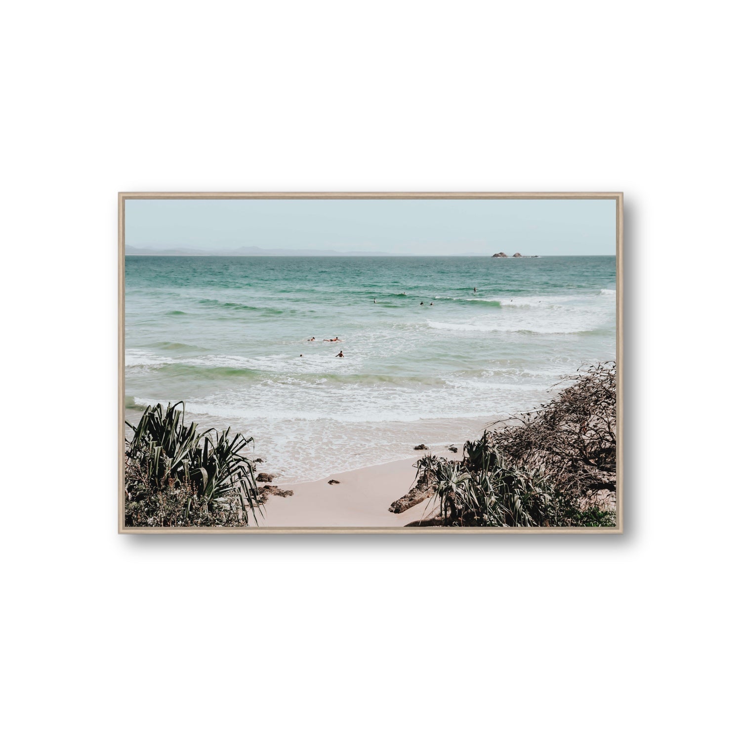 Surf City Byron Bay Surf coastal wall art Giant fine art canvas in natural oak float frame