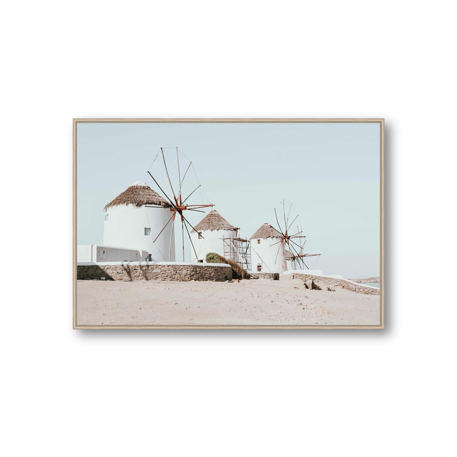 Rustic Icons Mykonos Greek island wall art Giant fine art canvas in natural oak float frame