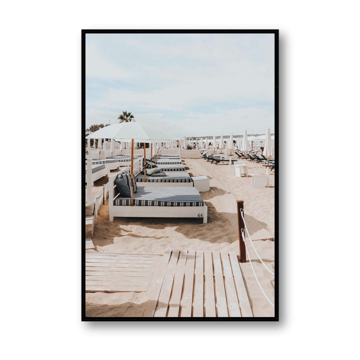 Coastal Repose Puglia beach Mediterranean fine art print Statement fine art canvas in black float frame