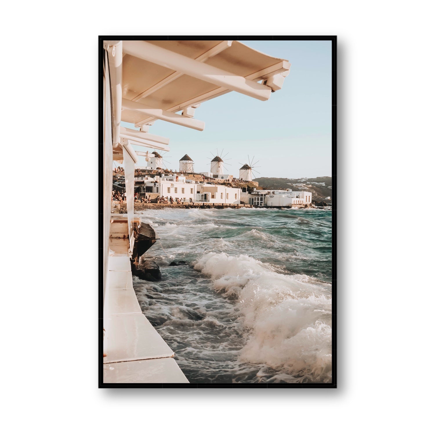 Windmills Mykonos Greek island wall art Statement fine art canvas in black float frame