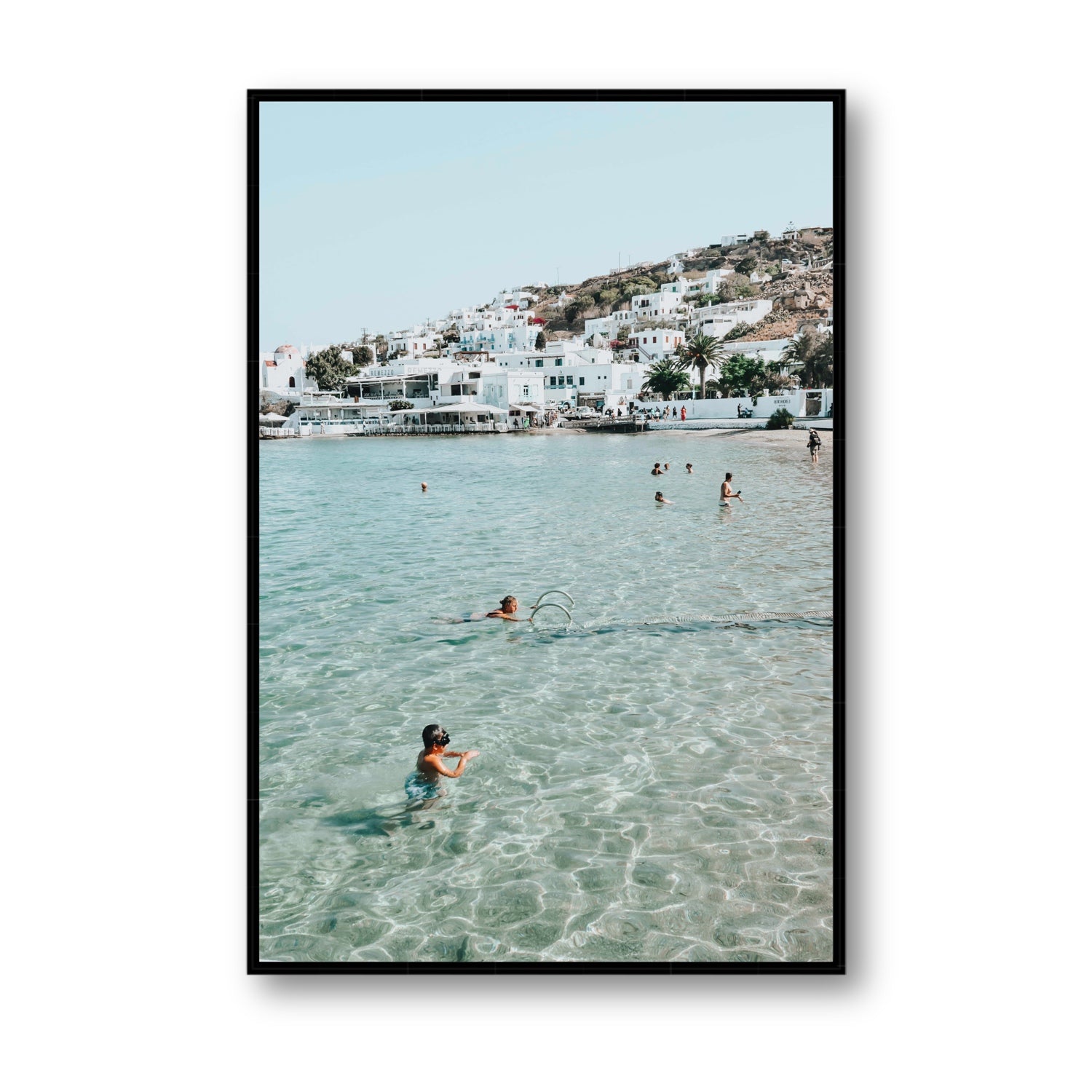 Beside The Seaside Mykonos beach Greek island wall art Statement fine art canvas in black float frame
