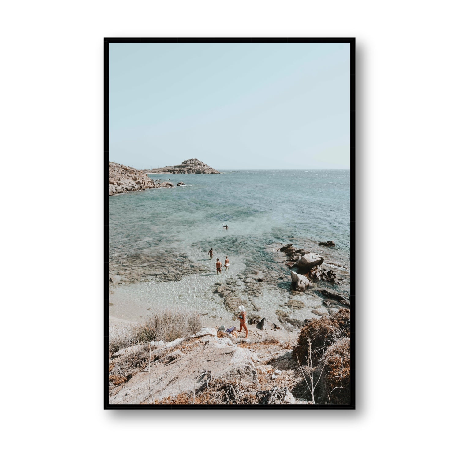 Explorers Mykonos Greek island wall art Statement fine art canvas in black float frame