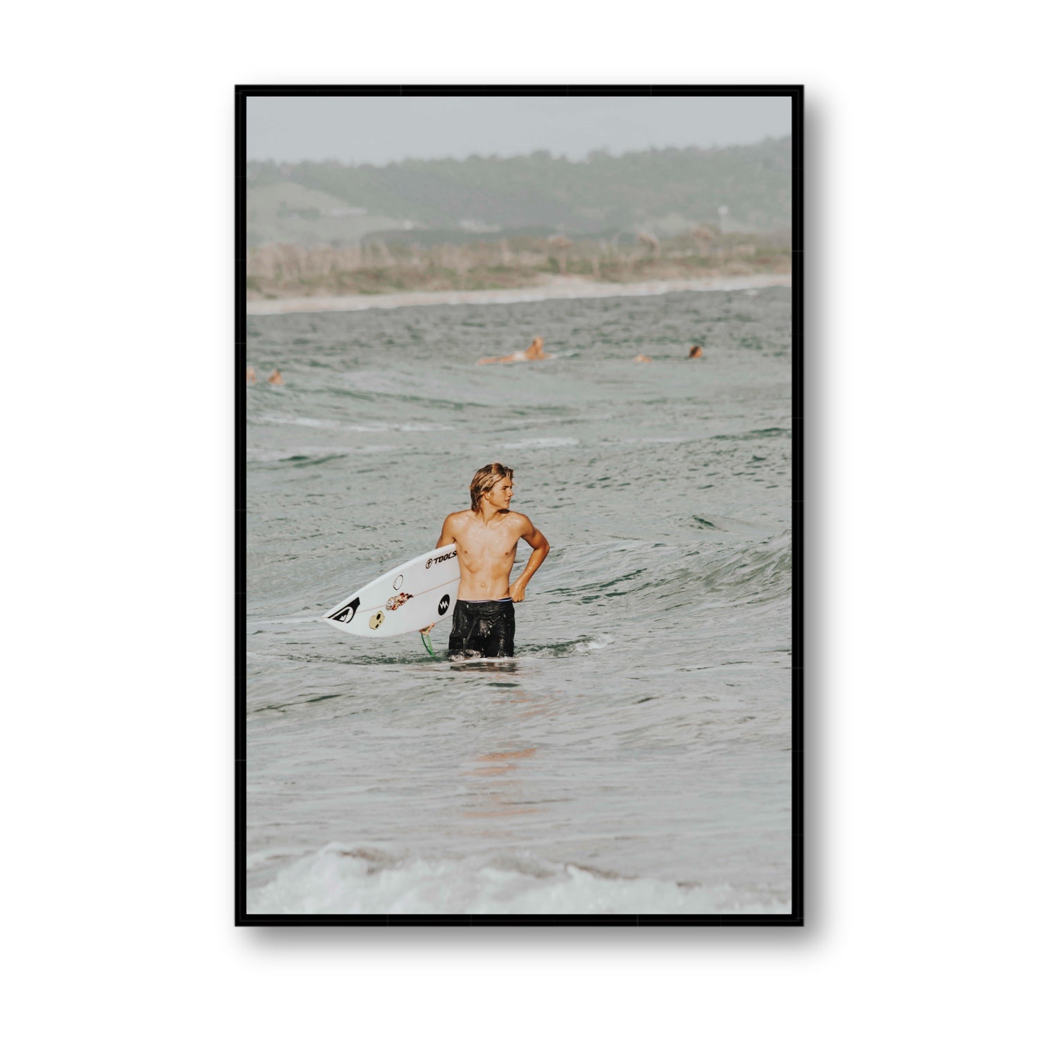 Chasing Mavericks Byron Bay Surf coastal wall art Statement fine art canvas in black float frame