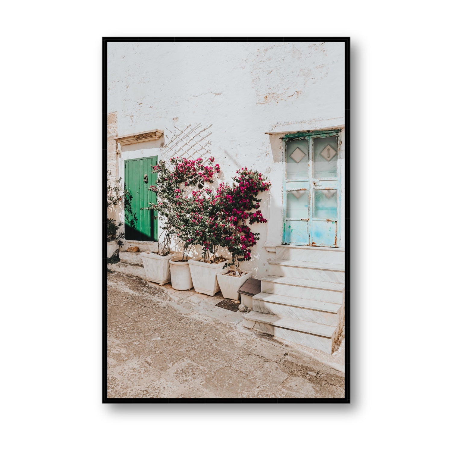 Floral Canvas Puglia Ostuni wall art Statement fine art canvas in black float frame