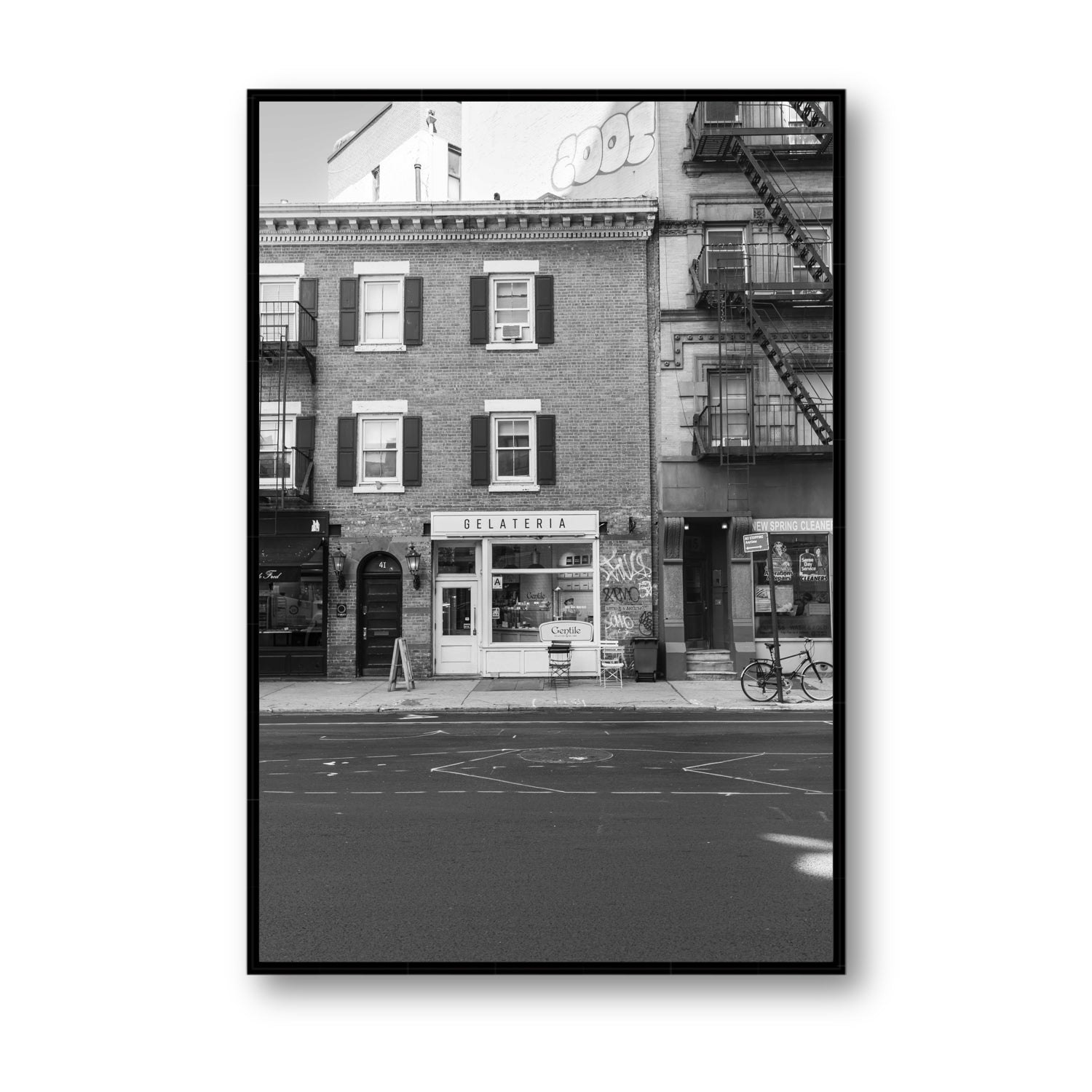 Gelateria New York NYC Black & White wall art Statement fine art canvas in black float frame