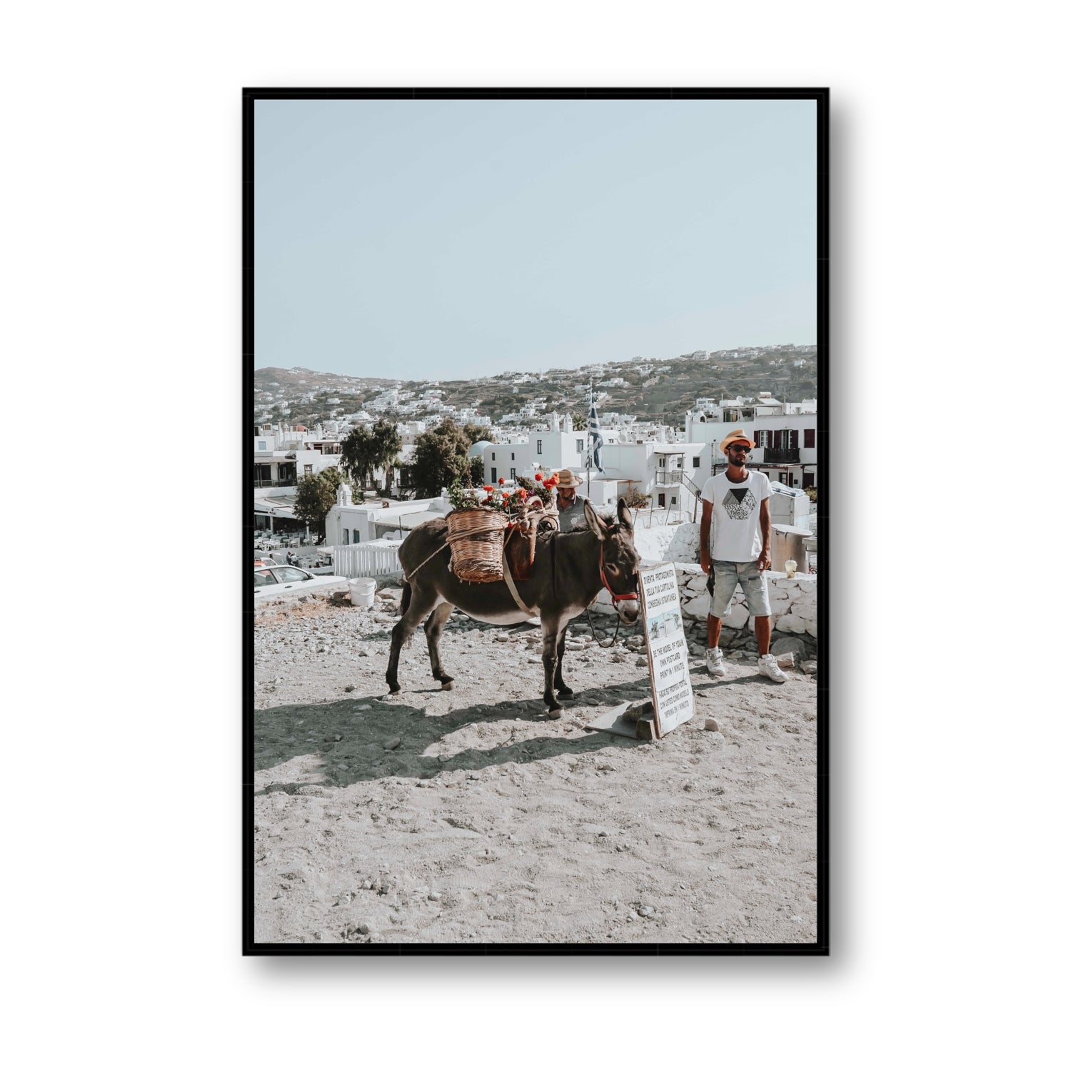 Let The Journey Begin Mykonos Greek island wall art Statement fine art canvas in black float frame