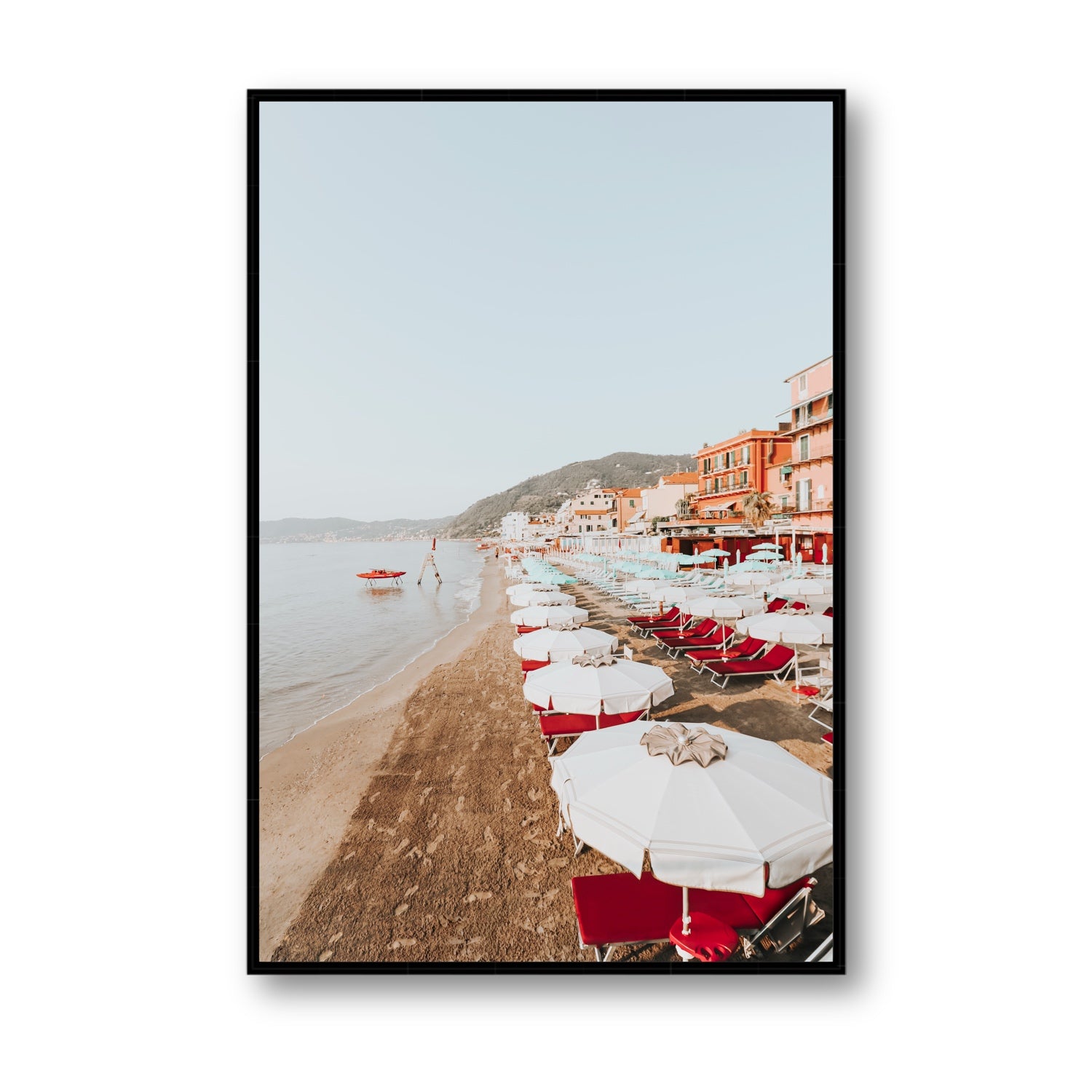 Italian Riviera fine art print, Alassio, Italy, coastal scenes artwork, Statement, Black Float Frame, Fine Art Canvas