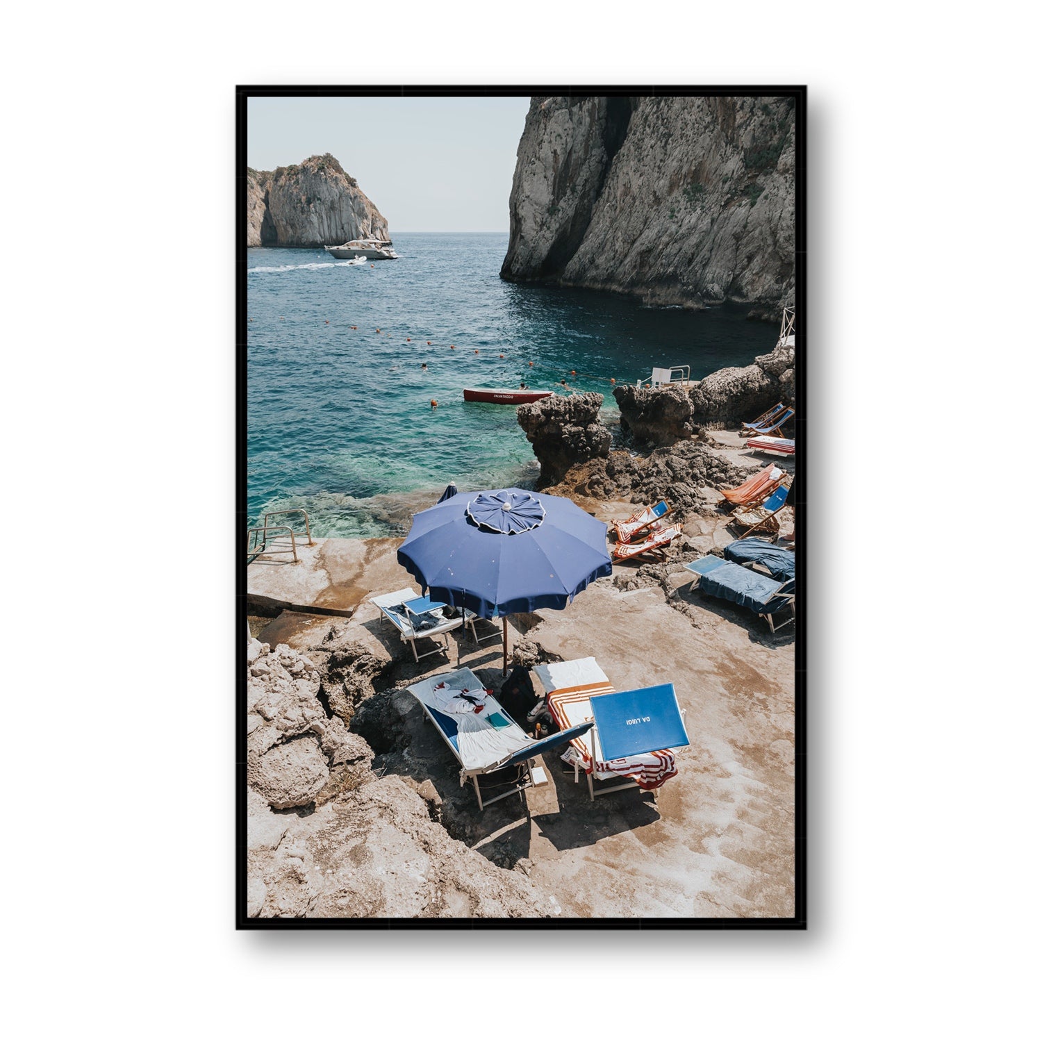 Lonely Loungers fine art print, Capri, Italy, Statement, Black Float Frame, Fine Art Canvas
