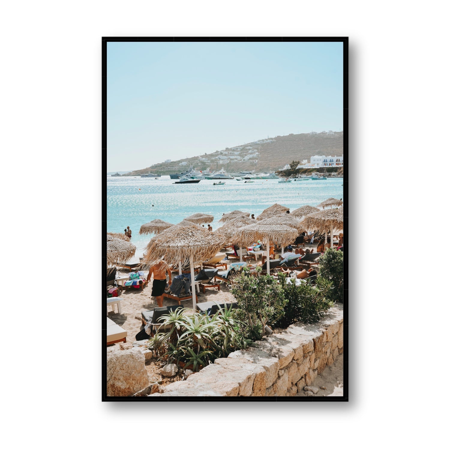 Beachside Huts Mykonos Greek island wall art Statement fine art canvas in black float frame