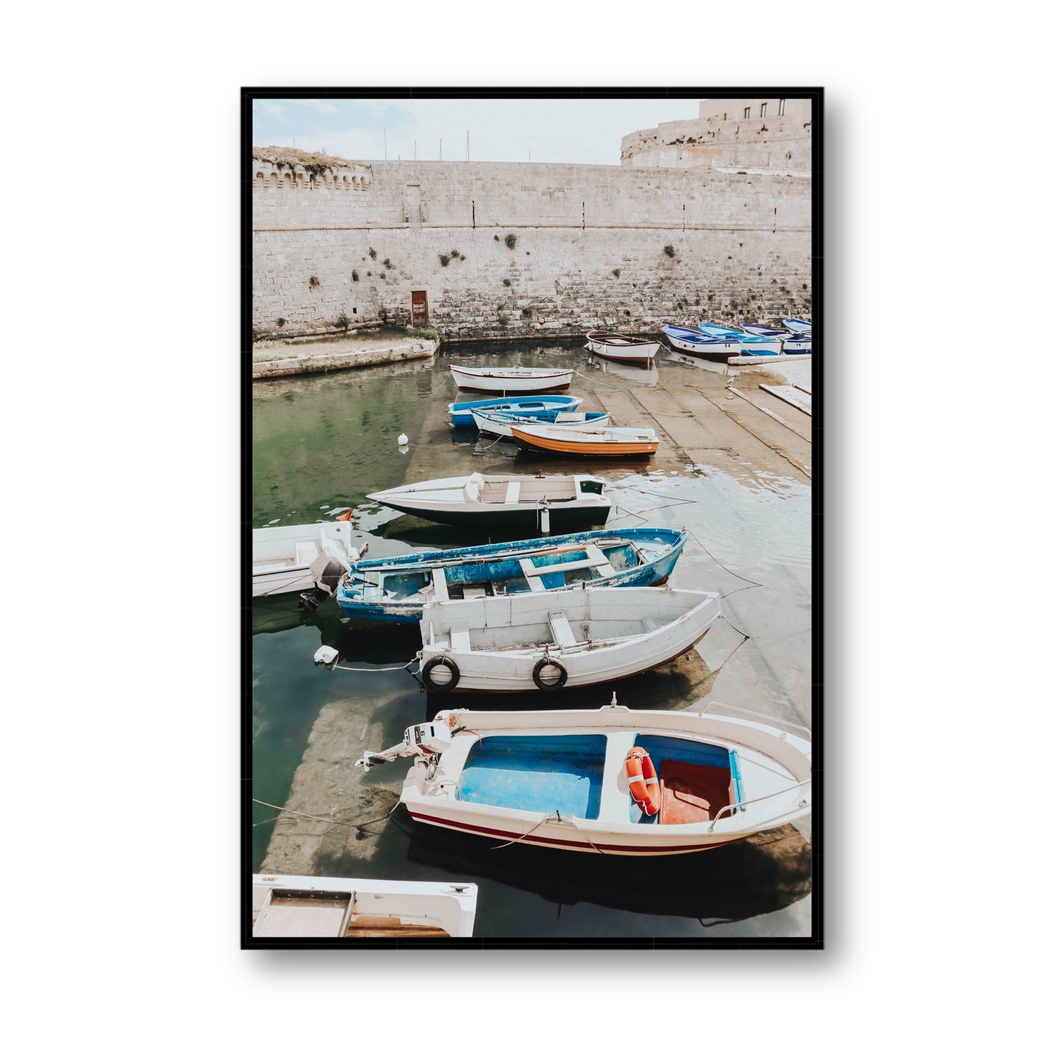 Harbour Palette Puglia coastal photography wall art Statement fine art canvas in black float frame
