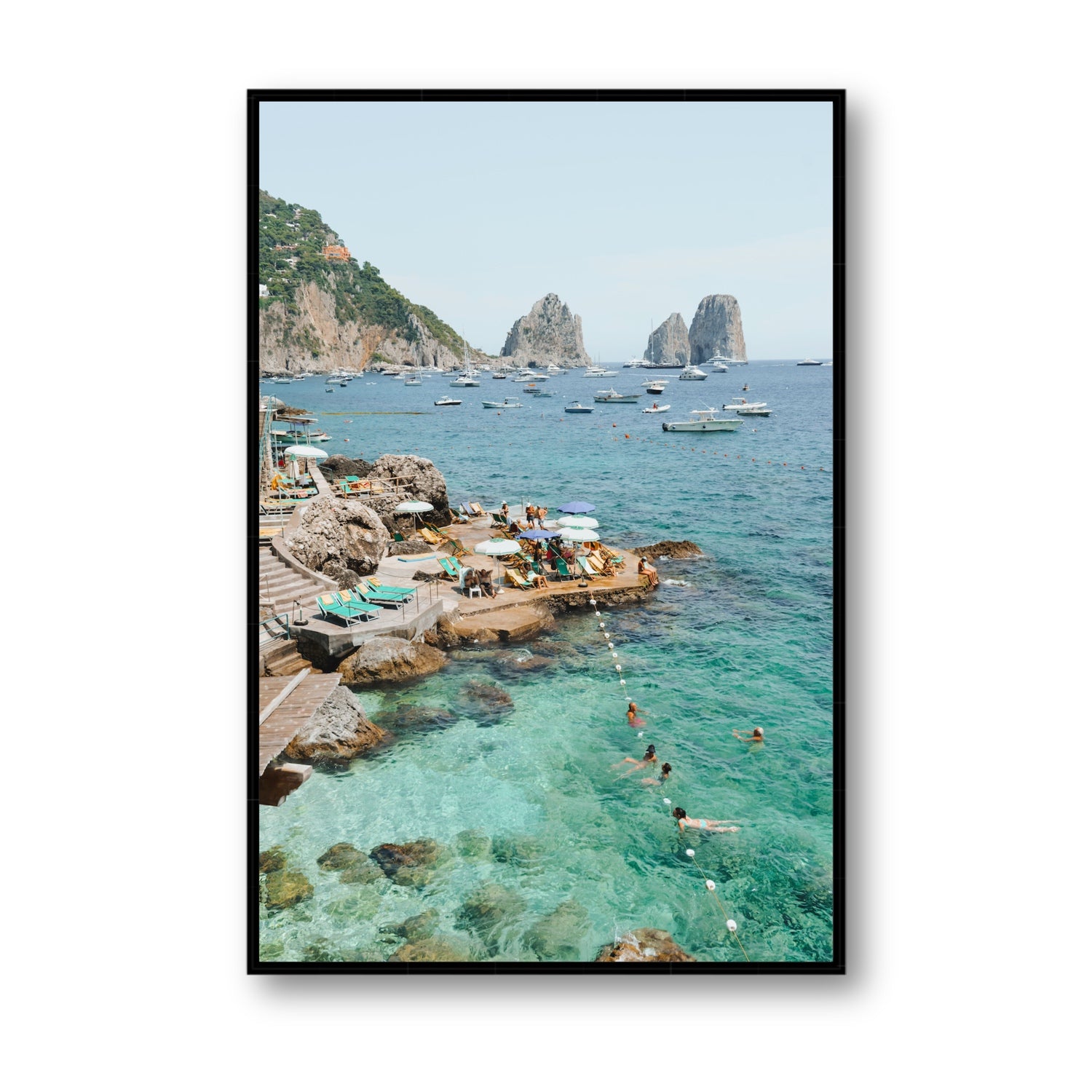 Summertime Blues Capri Mediterranean wall art Statement fine art canvas in black float frame