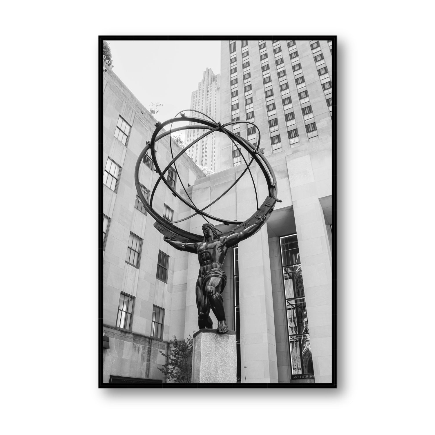 Atlas Ascends New York NYC Black & White wall art Statement fine art canvas in black float frame