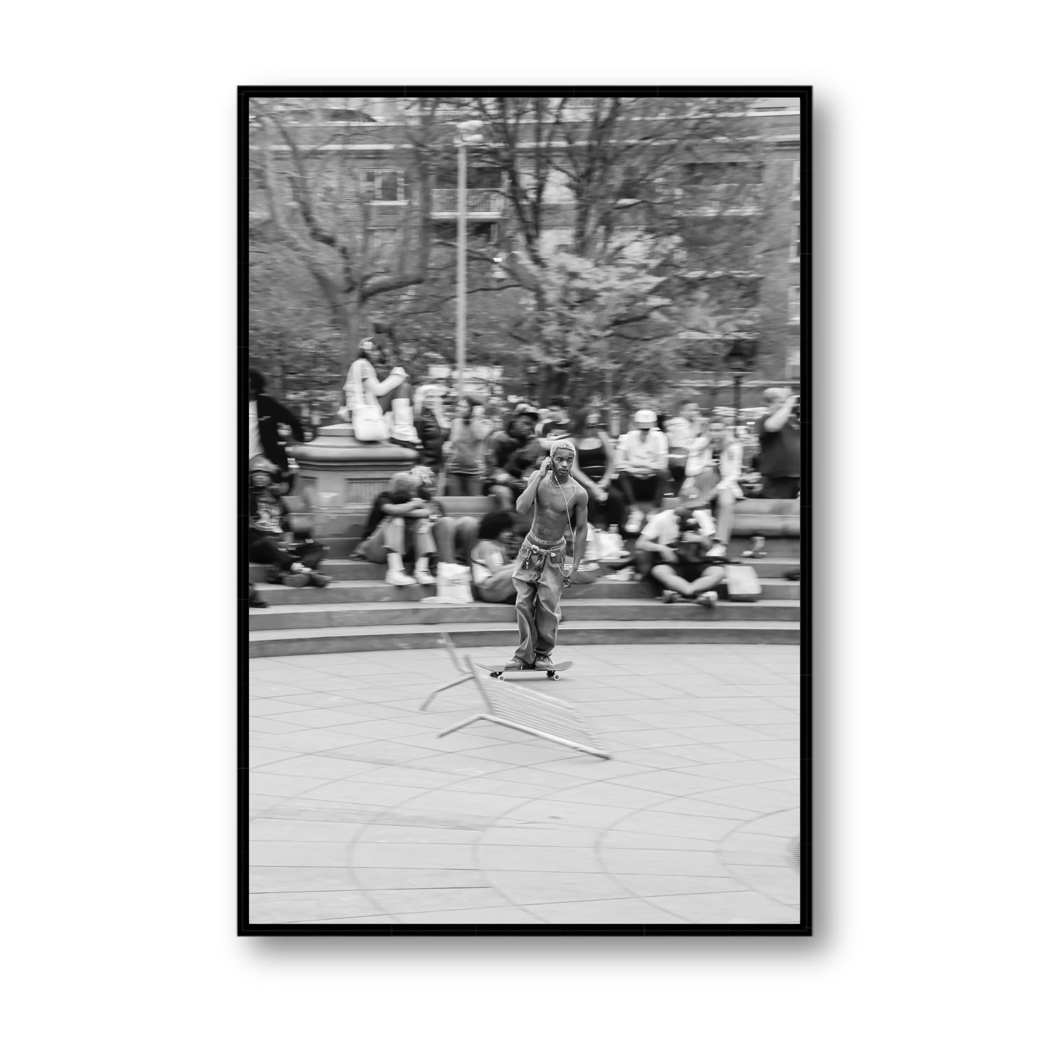 Skate Park Serenade New York NYC Black & White wall art Statement fine art canvas in black float frame