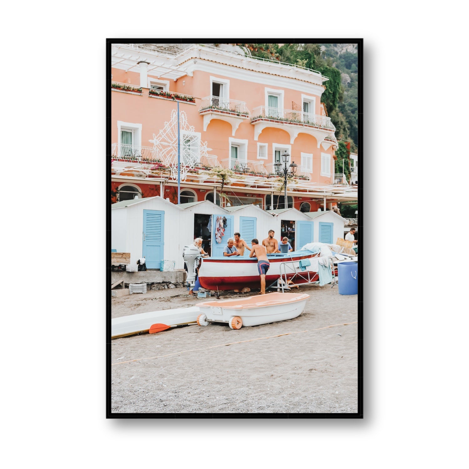 La Riunione della Mattina fine art print, Positano, Italy, Statement, Black Float Frame, Fine Art Canvas