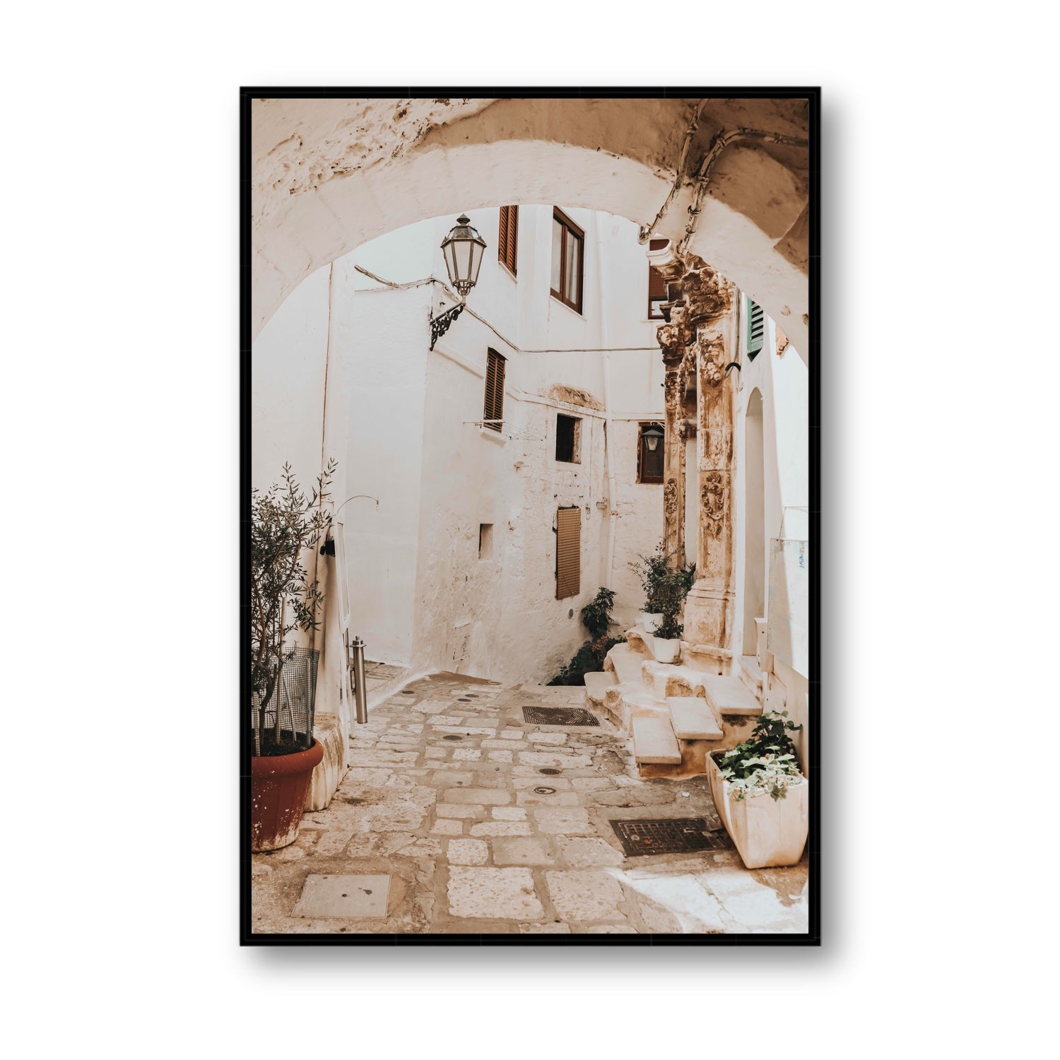 Pathway Wander Puglia Ostuni wall art Statement fine art canvas in black float frame